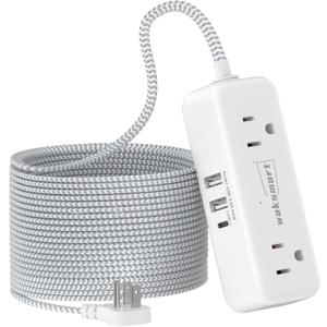 Flat Extension Cord 25 FT with 4 AC Outlets 3 USB Ports (5V/3.4A 17W), 25Ft Long Braided Cord for Home Office Dorm