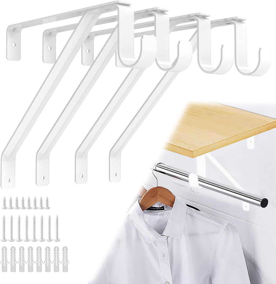 Pisman 10 Inch Heavy Duty Closet Rod Bracket Adjustable 4-Pack, Closet Rod Support with Shelf Bracket and Rod Holders - White Steel Clothes Hanger for Bedroom, Laundry Room Storage