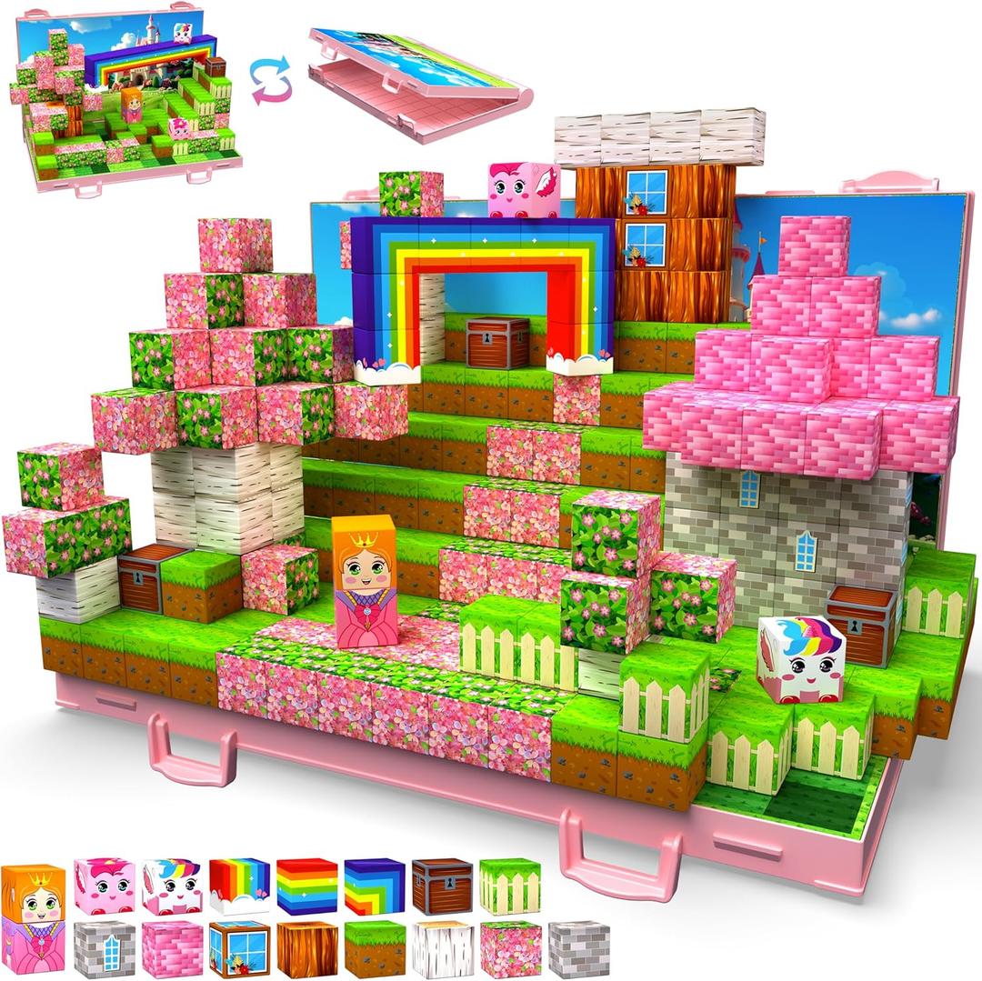 Magnetic Blocks, Build 3D Magnet Building Toys World with Princess Magnetic Tiles, Foldable Magnet Board, STEM Sensory Toy for Kids, Toy Building Sets Gifts for Age 3, 4, 5-10 Year Old Boys Girls