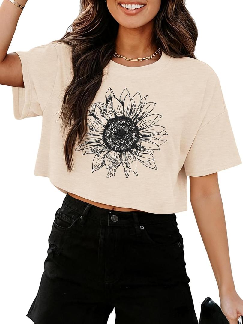 Binshre Womens Short Sleeve Crops Tops Summer Graphic Tees Crew Neck Cropped T Shirts Casual Loose Fit Blouse (X-Large, Beige-sunflower)