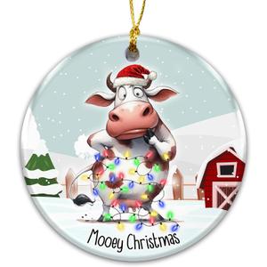 Cow Ornament 2025, Mooey Christmas  Funny Farmhouse Christmas Tree Decoration, Cute Cow Tangled in Lights, Rustic Barn Winter Scene, Ceramic Holiday Ornament for Cow Lovers, Farmers