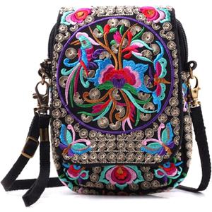 Embroidery Flowers Canvas Crossbody Bag, Women Messenger Bag, Cellphone Pouch Purse