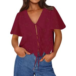 Trendy Queen Womens Summer Tops Cute Boho Blouses Beach Vacation Spring Outfits 2026 Tie Front Eyelet Embroidered Clothes (Red, L)