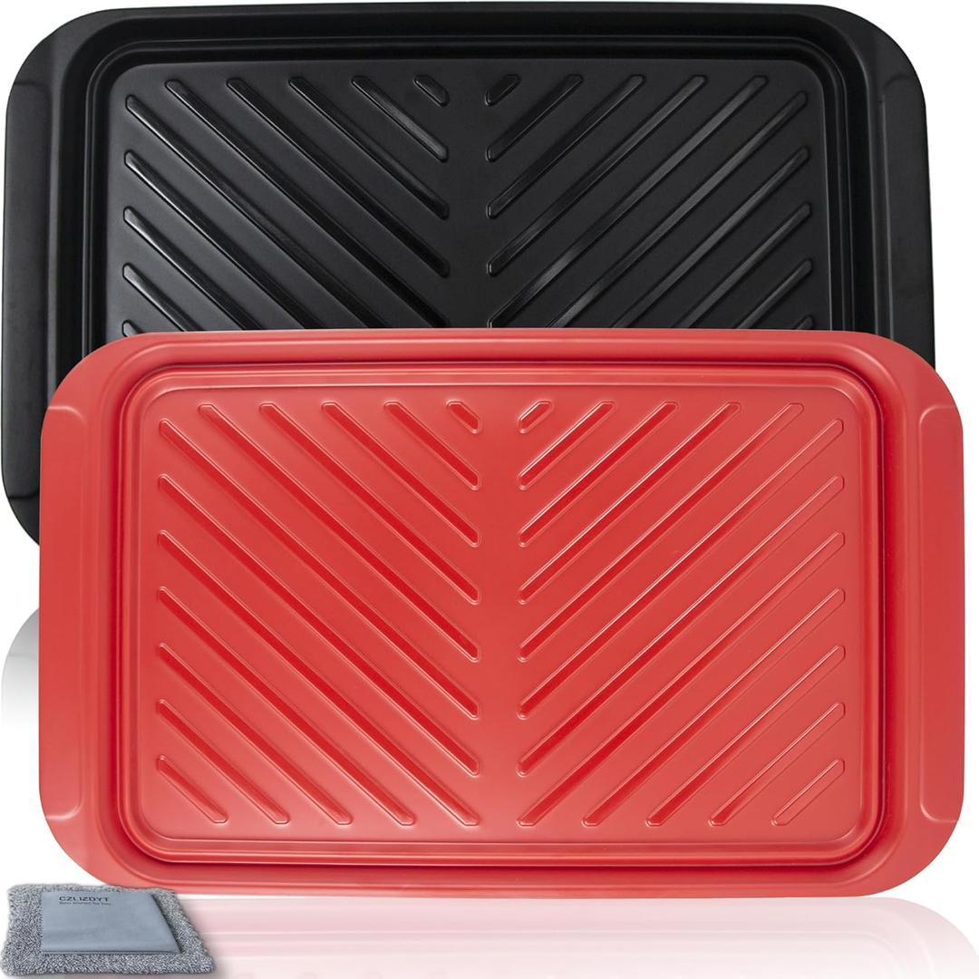 Grilling Prep and Serve Trays, BBQ Platter for Raw and Cooked Food, Melamine Serving Trays for Food, Set of 2, Black and Red, Napkin and Cleaning Clothes Included (Standard 17.2'' x 10.5'')