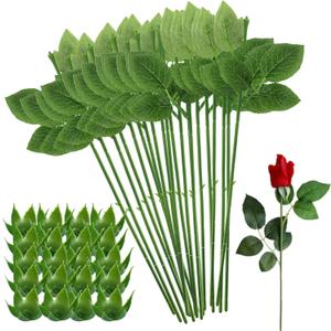 20PCS Floral Wire Stem with Leaves and 20PCS Artificial Flower Calyxes Set, for Floral Rose Arrangement, DIY Craft Bouquet Making, and Florist Supplies