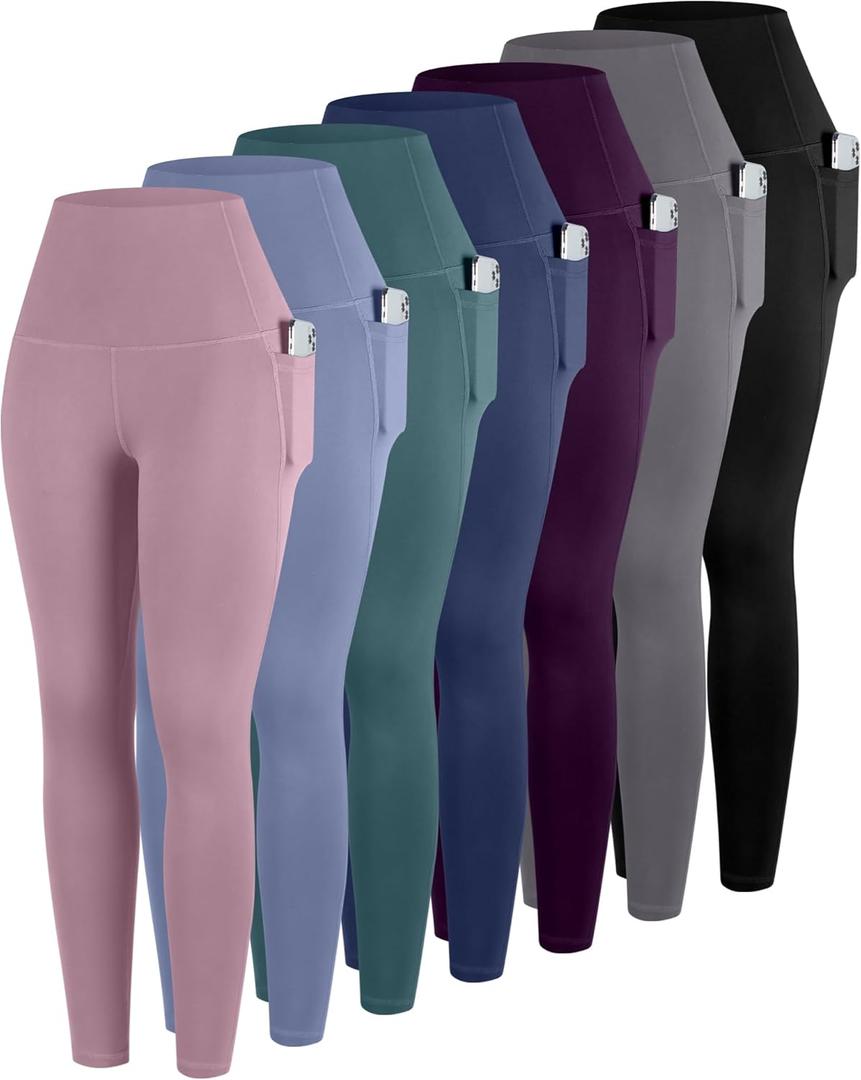 ATHVOTAR Leggings with Pockets for Women, 7 Packs High Waisted Workout Tummy Control Yoga Pants (XX-Large, 7 Pack - Black/Gray/Navy/Deep Purple/Teal/Mauve Pink/Steel Blue)