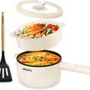 Dezin Hot Pot Electric, 2L Non-Stick Saut Pan, Rapid Noodles Cooker, Mini Portable Pot for Steak, Egg, Fried Rice, Ramen, Oatmeal, Soup with Power Adjustment & Spatula, College Dorm Room Essential (Cream)