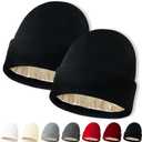 NPQQUAN 2 PCS Satin Lined Beanie for Women Silk Lined Beanies Winter Warm Soft Lining Cuffed Knit Beanie Hats for Women (Black+black)