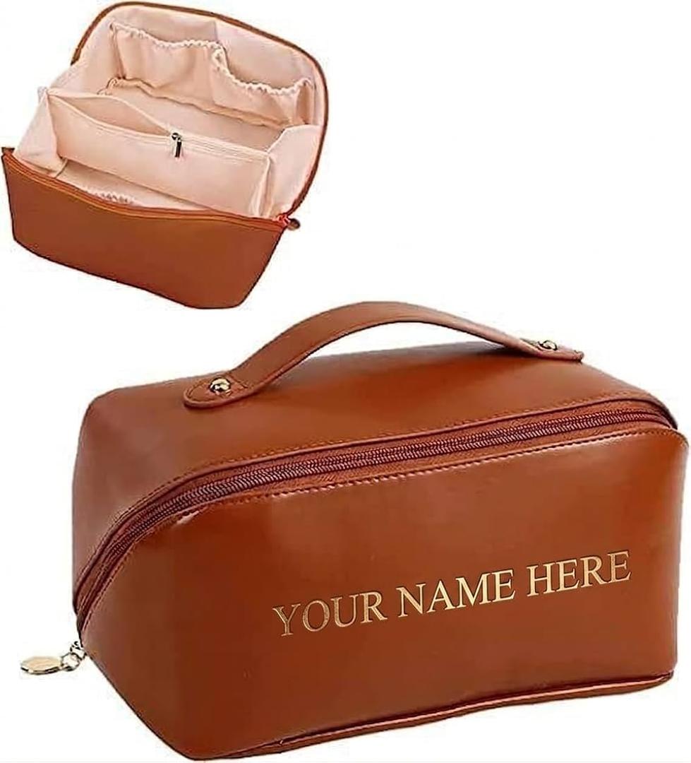 Personalized Makeup Bag for Women - Customized Large Travel Cosmetic Bag with Initial and Name - Premium PU Leather Toiletry Bag with Compartments and Handle for Travel Essentials & Gifts