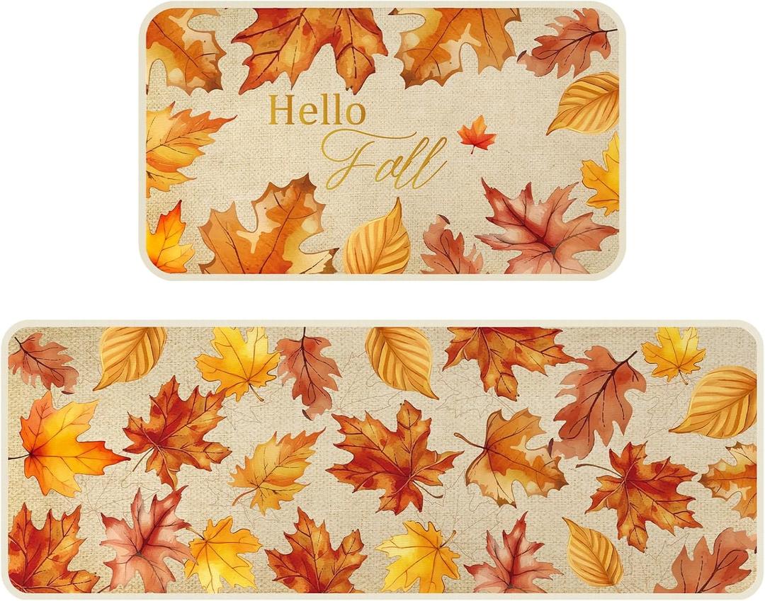 Bencailor Sets of 2 Fall Kitchen Rugs and Mats, Fall Kitchen Rug Non Slip Maple Leaf Farmhouse Mats for Floor Door Home Bathroom Cabin Decor, 29 x 17 inch and 47 x 17 inch