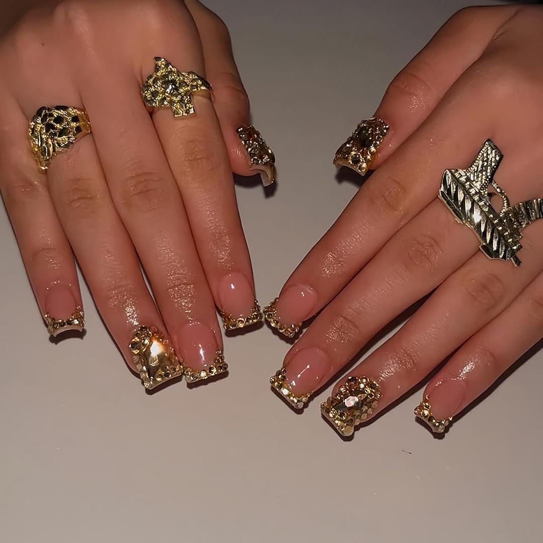 24Pcs Short Square Press on Nails Reusable Fake Nails Glitter French Tip False Nails with Golden Rhinestone Design Short Handmade Nails Acrylic Nails Press ons Summer Stick Glue on Nails for Women