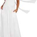 Summer Maxi Dresses for Women 2026 Strapless Ruched Tube Dress with Scarf Beach Vacation Spring Wedding Guest Dress Pockets Size S