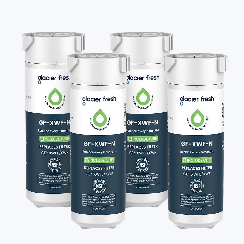 GLACIER FRESH Water Filter Compatible with XWFE (Built-in CHIP), Replacement for GE XWFE, XWF Refrigerator Water Filter NSF/ANSI 42 Certification Pack of 4