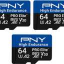 PNY 64GB PRO Elite High Endurance C10 U3 V30 A2 microSDXC Up to 17.2K Continuous Recording Hours, Up to 100MB/s Read, 4K UHD, Full HD, UHS-I, Surveillance, Home Security, Dash Cam, 3-Pack