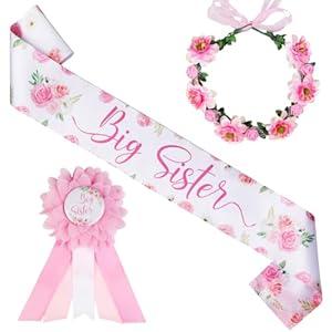Diartpanit Big Sister Accessory Set Big Sister Gifts Sash Corsage Pin with Flower Wreath for Girls Promoted to Big Sister Baby Shower Favor for Announcement Gift Gender Reveal Party Photo Prop