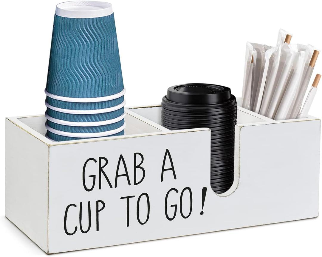 Coffee Station Organizer for Countertop, Cup and Lid Holder for Cup Lid Sleeve Pods Condiment, Wooden Disposable Cup Dispenser Holder for Bar Accessories Organizer Storage (White)