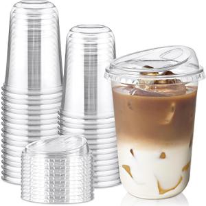 50 Pack 16 Oz Round Bottom Clear Plastic Cups with Strawless Sip Lids | Iced Coffee Cups, Disposable To Go Cup for Juice Smoothie Cold Drinks (EXP 08/26/32)