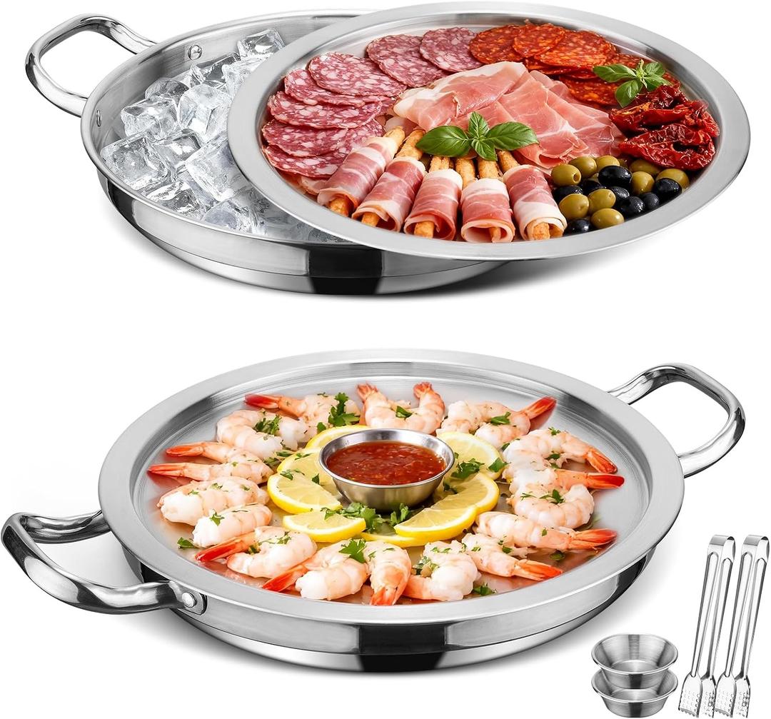 2-Set 12 Inch Shrimp Cocktail Serving Dish with Ice Tray, Cold Chilled Serving Trays, Cooling Platter Charcuterie Board for Appetizer Oyster Salad Buffet Parties, Dishwasher Safe, Stainless Steel