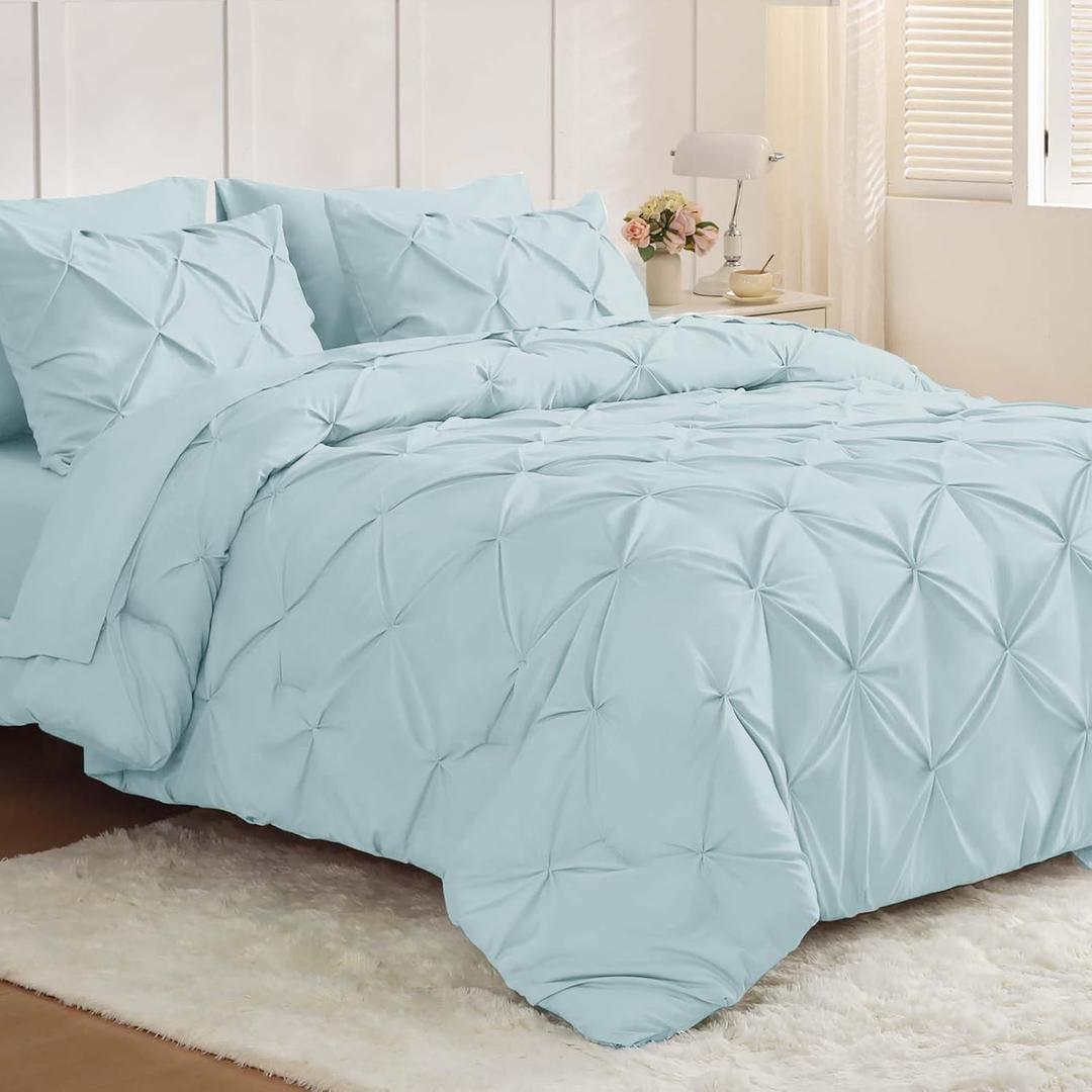 JOLLYVOGUE Queen Comforter Set 7 Pieces - Bed in a Bag Queen for All Season, Pintuck Bedding Comforter Sets with Comforter, Flat Sheet, Fitted Sheet and Pillowcases & Shams, Light Blue