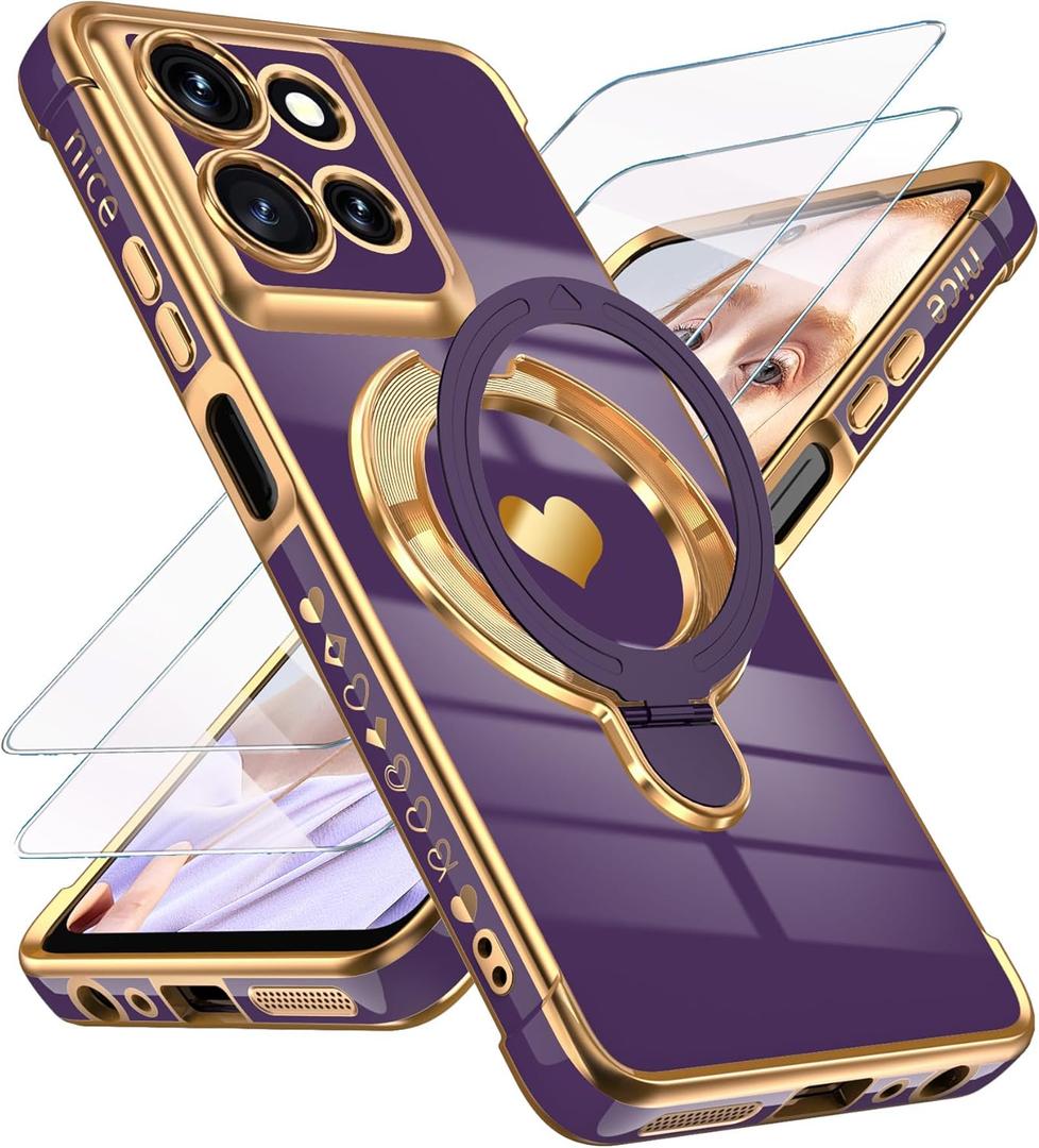 for Motorola Moto G 2026 Cute Love Heart Kickstand Woman Girls Phone Case with Screen Protector: Luxury Plated Gold Edge Soft TPU Full Camera Protection Cover for Moto G Play 2026 (Deep Purple)