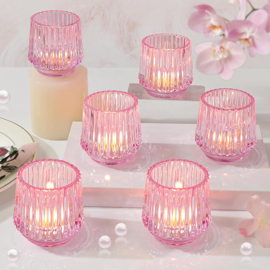 Large Pink Glass Votive Candle Holders 1 Piece, Ribbed Tealight Holders for Votives, Floating Candles Table Centerpieces Wedding Home Decor