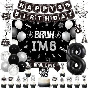 Bruh Im 8 Birthday Decorations Set Black and White Funny 8th Birthday Party Supplies for Boys | Includes Backdrop, Banner, Balloons, Cake and Cupcake Toppers, Hanging Swirls, Sash
