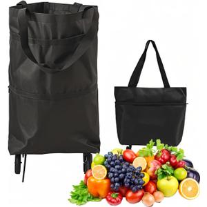 2 in 1 Foldable Shopping Cart with Wheels for Groceries, 25kg Grocery Cart on Wheels Collapsible Shopping Carts for Groceries Waterproof Oxford Travel Bag Reusable (Black)