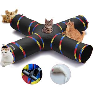 4 Way Large Cat Tunnels for Indoor Cats - 10" Diameter & 47" Long Play Tunnel Toy - Cat Tube with Play Ball & Mouse Toy - Interactive Peephole (Black)