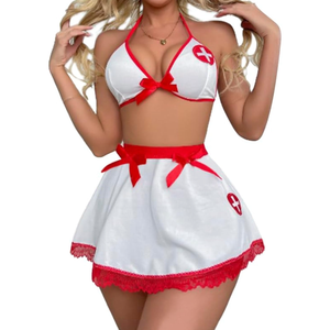 Women’s Sexy Bow Nurse Lingerie Set 3 Pieces Halter Bra Mini Skirt G-String Nurse Uniform Roleplay Babydoll Sets Naughty Doctor Cosplay Costume Outfits Sleepwear Halloween One Size