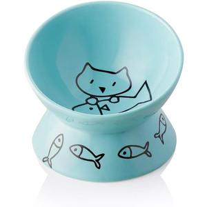 Sweejar Raised Cat Bowl for Dry Wet Cat Food, Ceramic Elevated Pet Bowl Cat Dish, Protect Cat's Spine, Stress Free, Slanted Design for Cat Easy Eating, 10 oz, Dishwasher Safe (Turquoise)