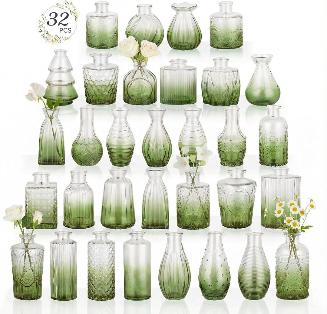RUCKAE 32 Pack Flower Vase Mini Glass Bud Vases Vintage Small Vases for Centerpiece Table Wedding Decorations Home Decor Party (Gradient Green)
