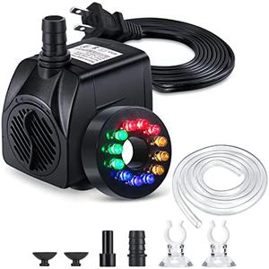 CWKJ Fountain Pump with LED Lights, 220GPH(15W 900L/H) Submersible Water Pump, Durable Outdoor Fountain Water Pump with 6.5ft Tubing (ID x 1/3-Inch), 3 Nozzles for Aquarium, Pond, Fish Tank