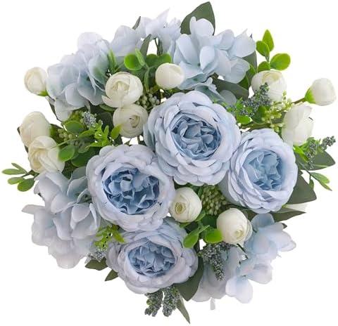 karoro 2 Bunches Artificial Peonies Flowers Silk Blue Peonies Fake Hydrangea Flowers Arrangements Table Centerpiece Faux Flores for Bridal Wedding Home Decor (2, Blue White)