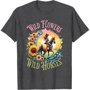 Wild Flowers & Wild Horses Country Sunset Western Cowgirl T-Shirt,M