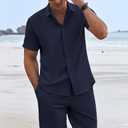 COOFANDY Men's Summer Beach Outfits 2 Piece Short Sleeve Shirts and Shorts Vacation Texture Linen Sets for Men (Blue)