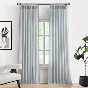 Hillcrest 112 Inches Blue Grey Pinch Pleated Semi Sheer Curtains Linen Blend Light Filtering Window Curtain for Living Room Bedroom Pinch Pleat Back Tab Drapes with Hooks 2 Panels 40" W x 112" L x 2