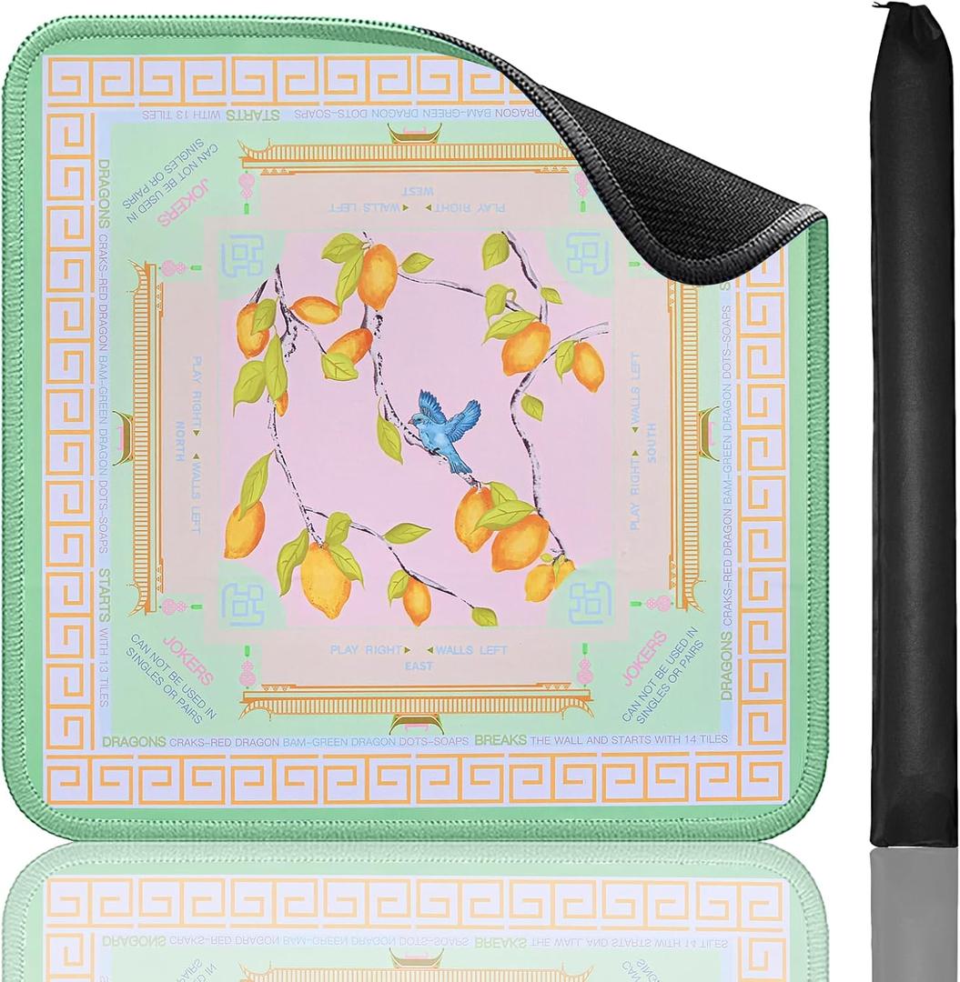 Printed American Learning Mahjong Mat (33x33), Anti-Slip, Noise-Reducing, Mahjong Table Mat for Mah-jongg, Poker, Board Games, Dominoes, and Card (Green and Yellow)