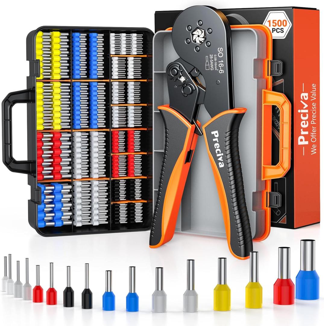 Preciva Ferrule Crimping Tool Kit - AWG 28-5 Hexagonal Ferrule Crimper with Self-Adjusting Ratcheting | Includes 1500Pcs Ferrules | for Industrial Wiring & Electrical Terminals