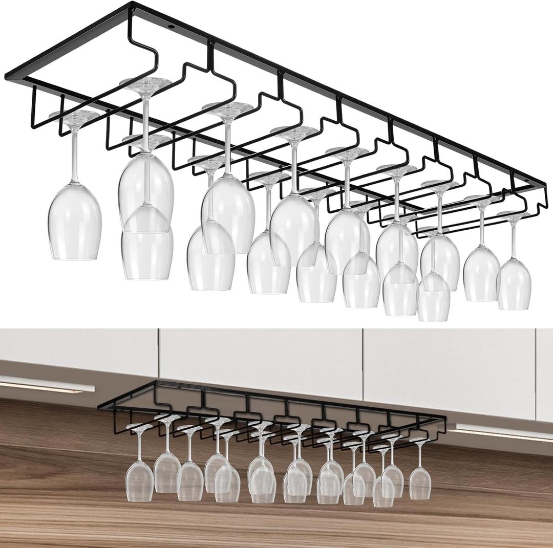 8 Row Wine Glass Rack Under Cabinet Holds up to 16-24 Glasses Under Cabinet Stemware Wine Glass Holder Extreme Large Hanger Hanging Wine Glass Holder for Cabinet Kitchen Bar Counter Black