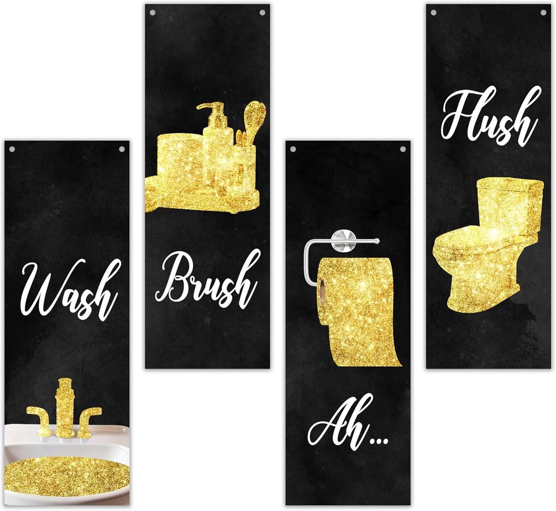 Qiwog 4 Pcs Gold Bathroom Decor Wooden Sign, Glam Bathroom Wall Art, Black And Gold Wall Art, Modern Women Funny Wooden Hanging Sign For Washroom Bathroom Restroom Farmhouse Decor, A23, Rustic