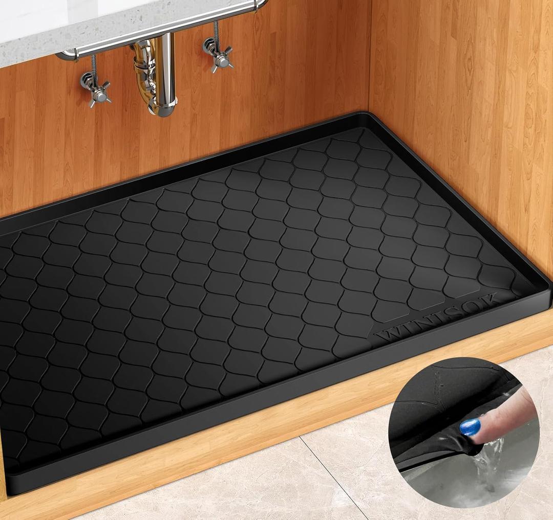 Silicone Under Sink Mat 34" x 22", Kitchen Essentials and Gadgets, Shelf Liner and Cabinet Protector, Home Organizers and Storage, Waterproof Bathroom Tray (Black)