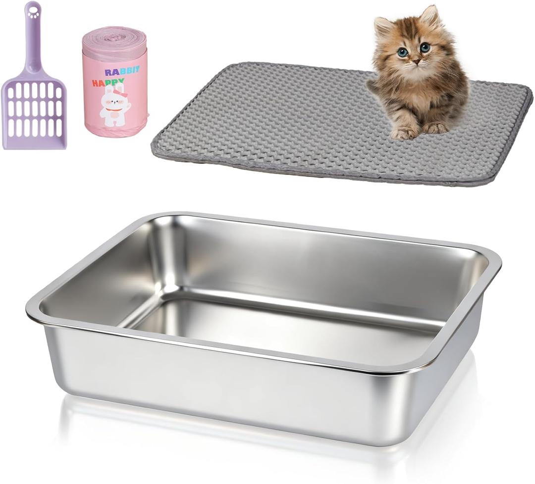 Stainless Steel Cat Sifting Litter Box 17.5" x 13.5" x 4" - Metal High Sided Open Top Litterbox Odor Control Non-Clumping with Scoop Litter Mat Trash Bag, Anti-Leakage, Less Tracking, Easy Cleaning