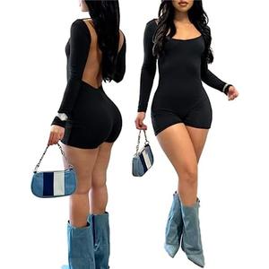 Hafailia Bodycon Jumpsuits for Women Sexy Backless Rompers Long Sleeve Scoop Neck Bodysuits One Piece Outfits Small. Black