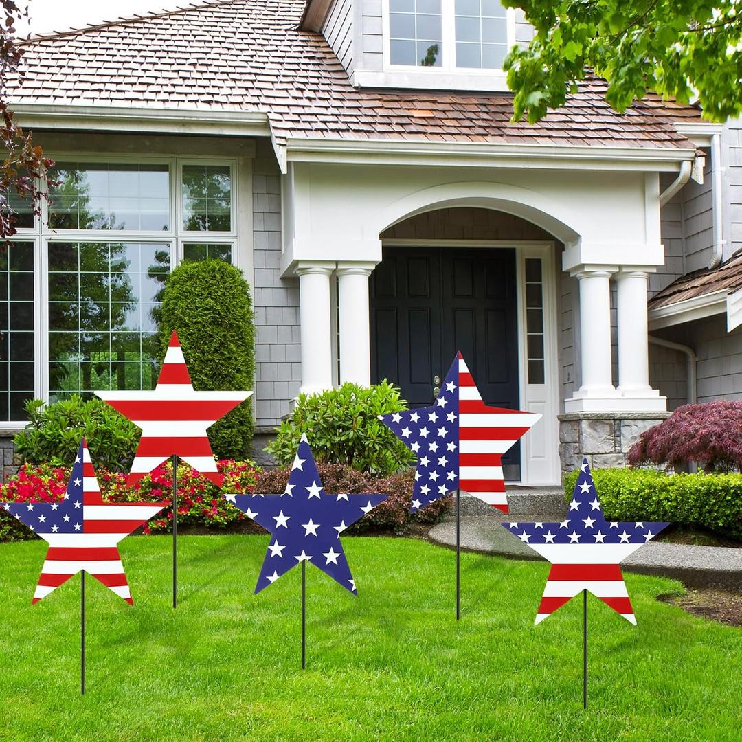 5 Pcs Patriotic 4th of July Outdoor Decorations Independence Day Metal Yard Signs with Stake American Flag Red White Blue Star 250 Anniversary Lawn Signs for 4th of July Garden Party Decor, Star: 7.87 inches, Stake: 11.81 inches