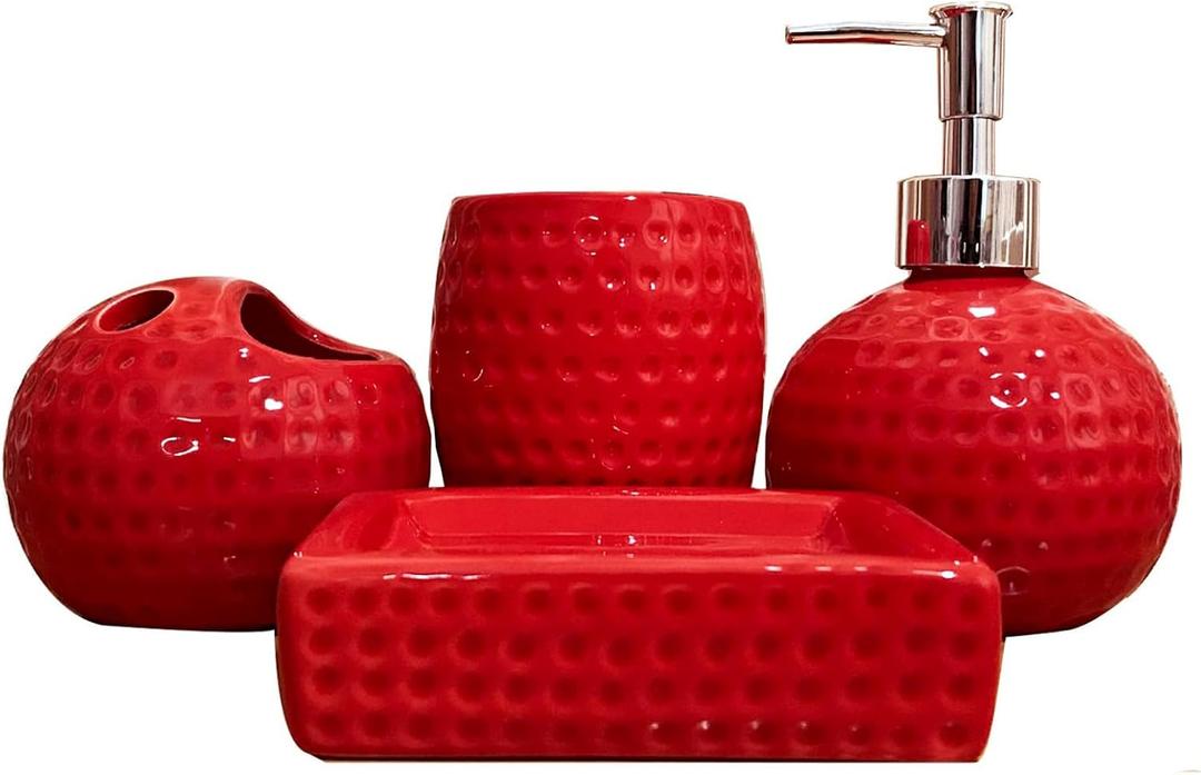 Bathroom Accessories Set,4 Pcs Red Ceramic Bathroom Accessory Set Complete with Toothbrush Holder, Tumbler, Lotion Dispenser, Soap Dish Perfect for Bathroom Theme Gift