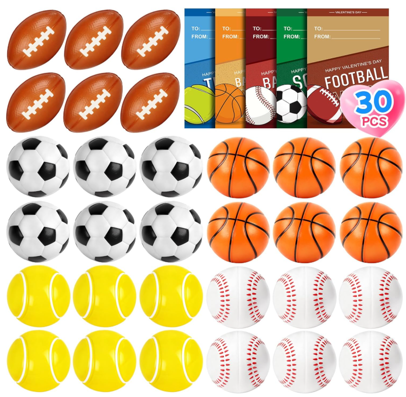 30 Pcs Valentine’s Day Gift Mini Sport Stress Balls Bulk with Cards for Kids Bouncy Ball Fidget Squeeze Toys Party Favors Goodie Bag Stuffers School Gifts Exchange Classroom Prizes for Boys and Girls