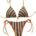 Women's Colorful Striped Halter String Bikini Set 2 Piece Tie Side Triangle Swimsuits Textured Swimwear (L)