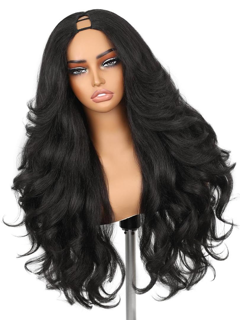 HANNE Yaki Curly V Part Wig Synthetic Half Wig U Part Wig 26 Inch Fluffy Wavy Filp Curls Heat Resistant 356F Glueless Beginner Friendly Hair Replacement Wigs for Black Women (Natural Black)