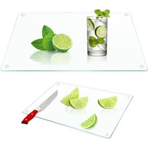 JAMBALAY Tempered Glass Cutting Boards for Kitchen, Clear Glass Cutting Board Set, 12"x16" & 8"x12" Cutting Boards with Non Slip Foot, Heat and Scratch Resistant, Shatterproof