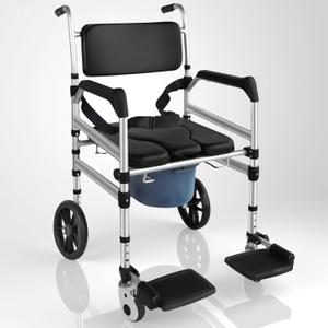 Heavy-Duty Rolling Shower Wheelchair Multifunctional,4-in-1 Foldable Commode Chair with 10" Solid Wheels & Safety Straps for Elderly and Disabled,Shower Chair with Bucket, Waterproof Padded Seat